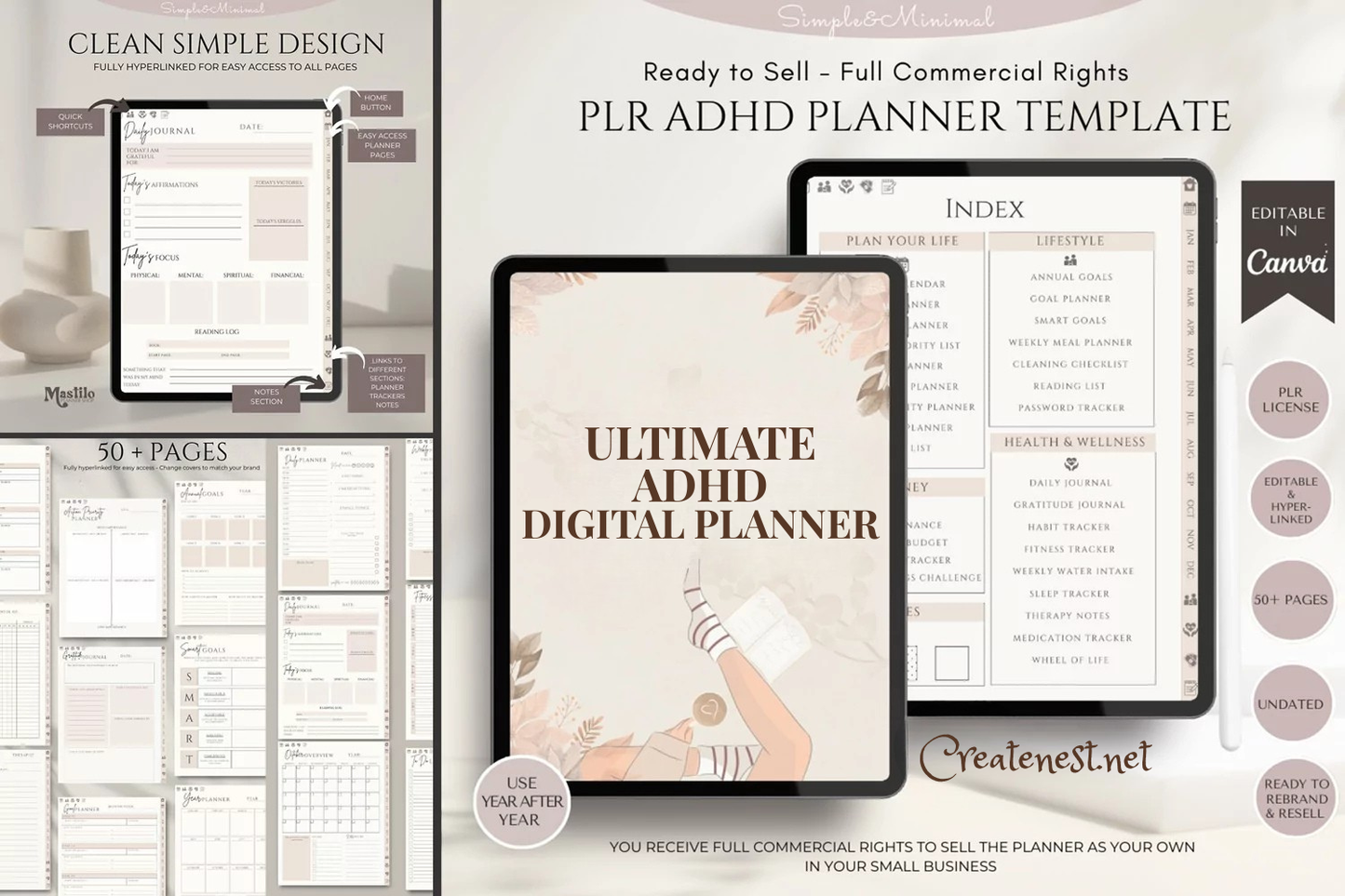 PLR ADHD Digital Planner | ADHD Planner Editable in Canva