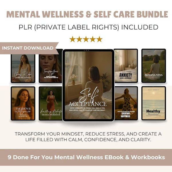 Mental Wellness & Self Care PLR Bundle | Done For You eBooks and Workbooks | Mindset Coach Tools | Canva Templates | Resell Rights